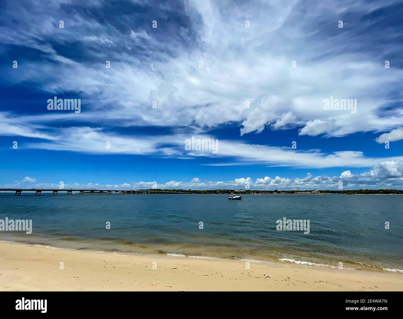 View of the south entrance of the narrow waterway between Bribie Island and the mainland Australia known as Pumicestone Passage. Stock Photo