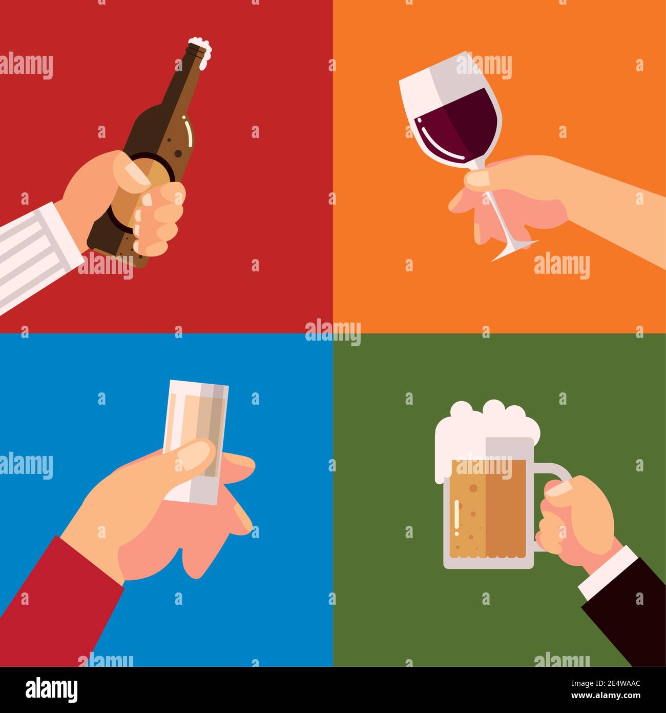 hands holds glasses cup bottle beer wine and cocktail drinks, cheers vector illustration Stock