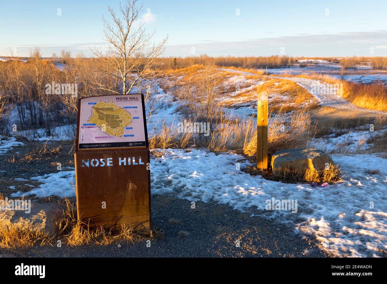 Entrance Information Table and Map of Nose Hill in Calgary, Alberta, largest urban natural parkland in Canada Stock Photo