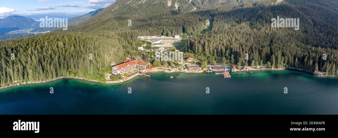 Panoramic aerial view of Eibsee lake side cable car station by