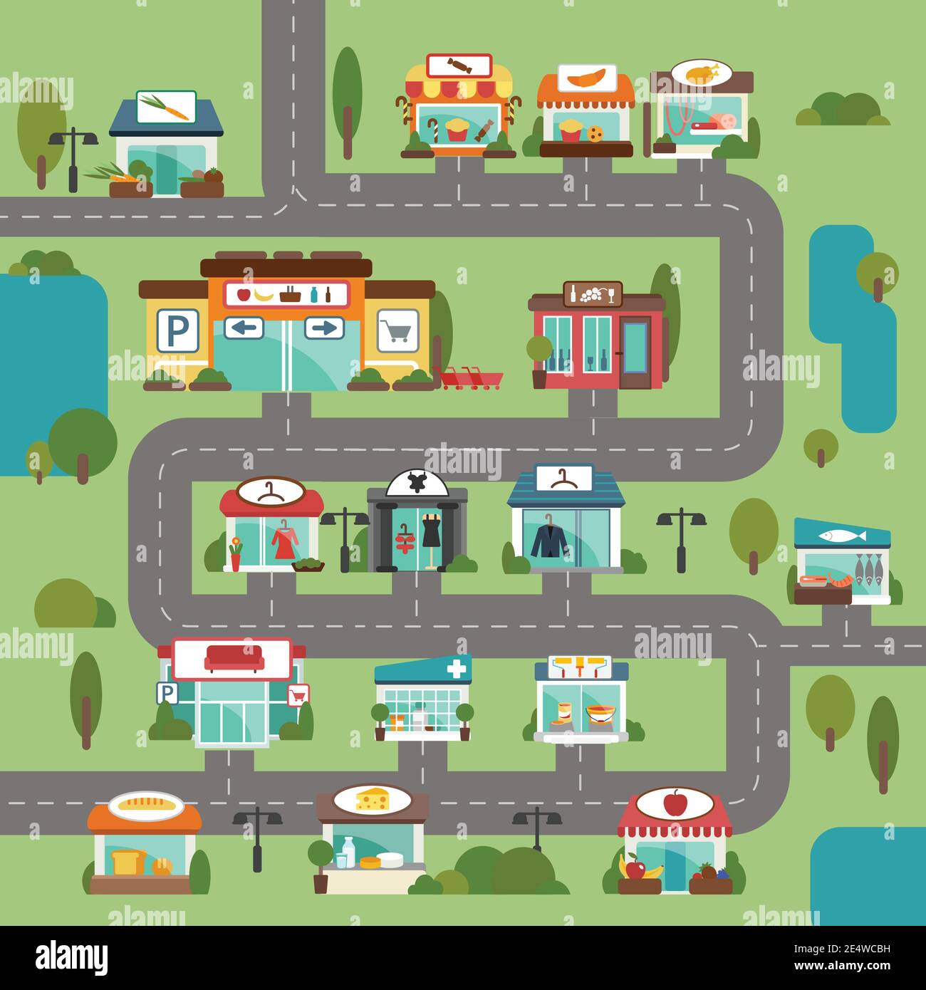 City Road With Food Grocery Commercial Stores And Shops Flat Background Vector Illustration Stock Vector Image Art Alamy