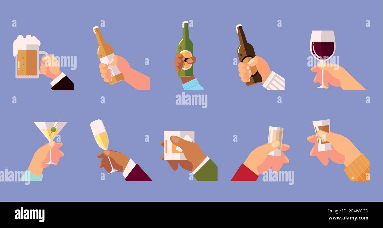different hands holds glasses cup bottles drinks cheers concept vector ...