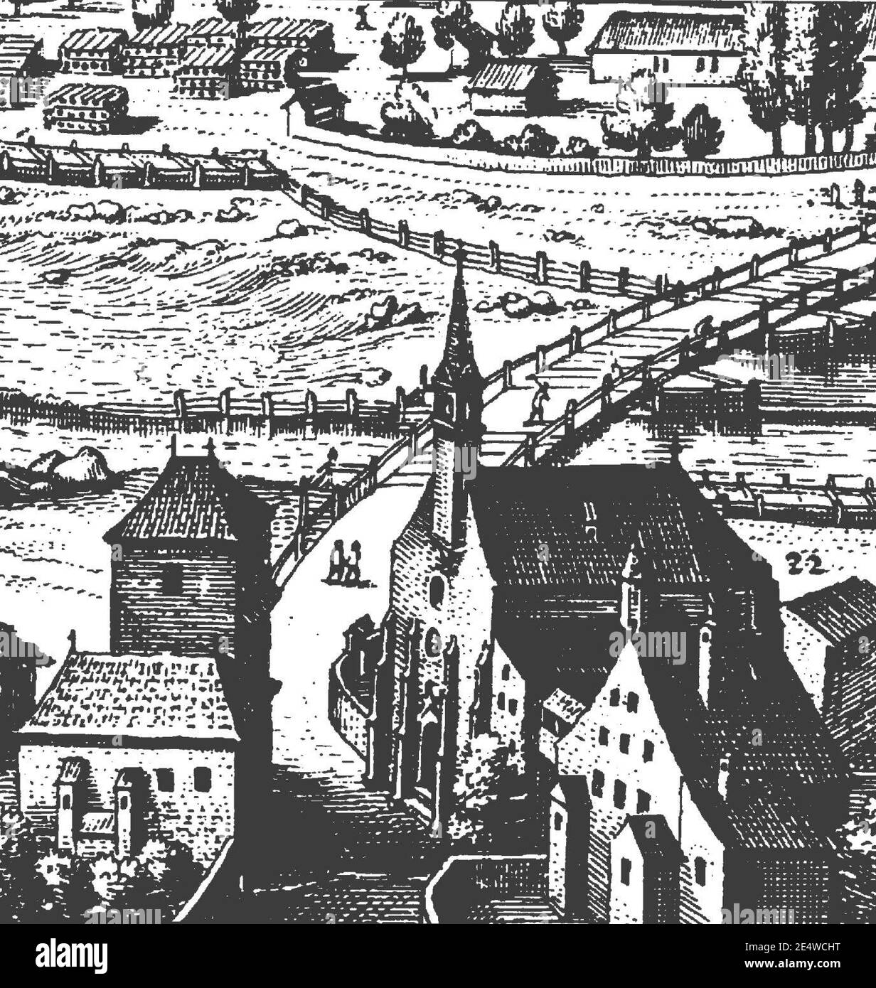 Merian 1649 Meran Spitalkirche. Stock Photo