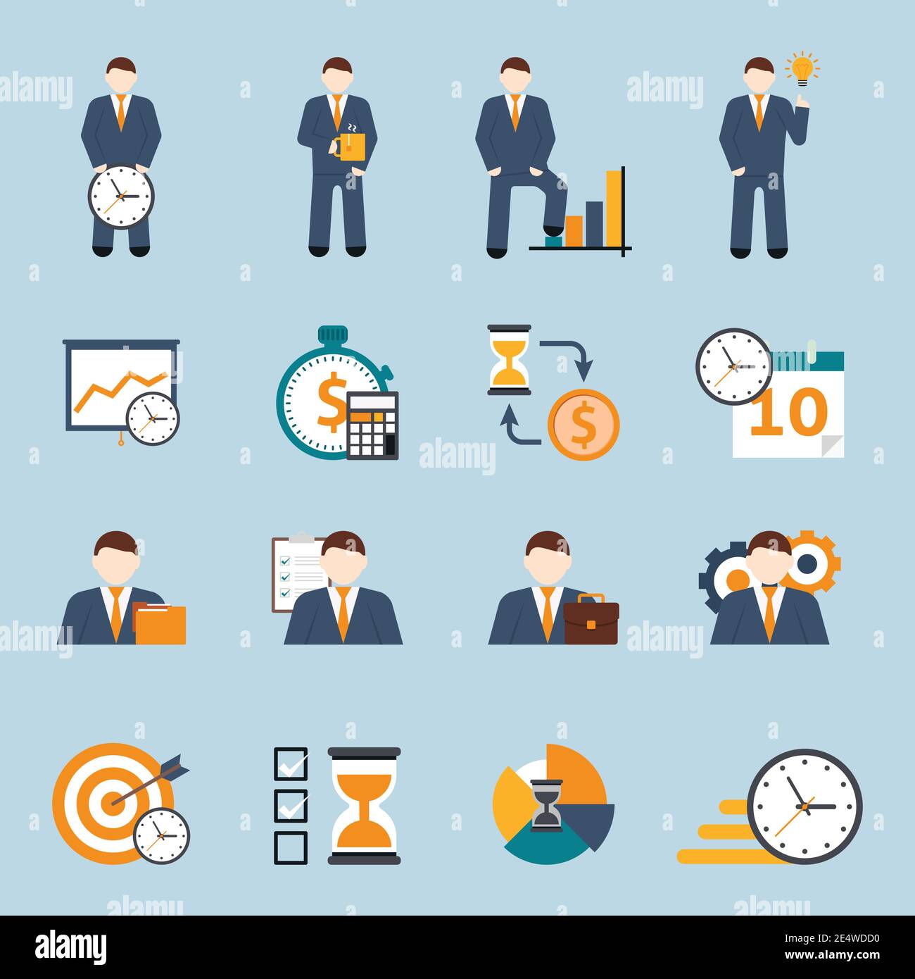 Effective office hours  time management and realistic goal planning strategy flat icons collection abstract isolated vector illustration Stock Vector