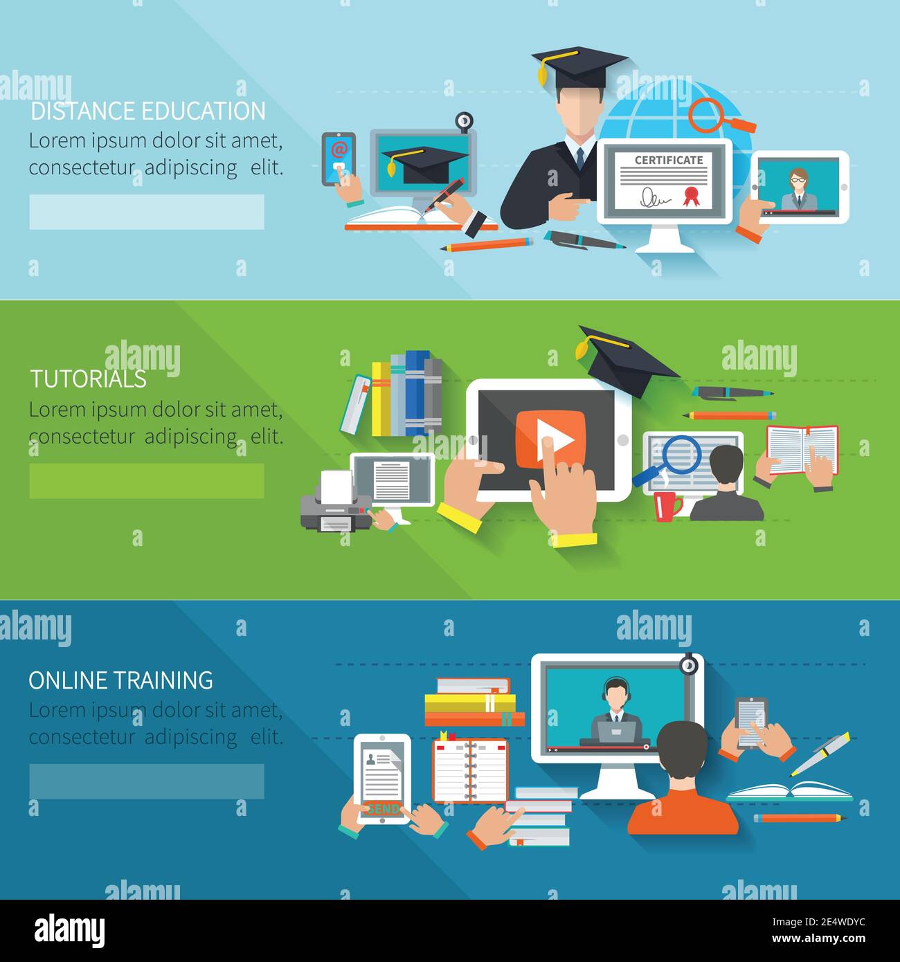 Online education flat horizontal banner set with distance tutorials and ...