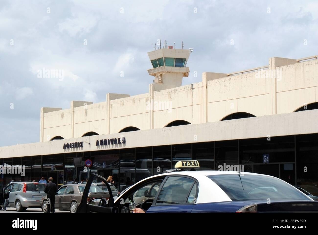 Rhodes International Airport terminal building viewed from the outside. Stock Photo
