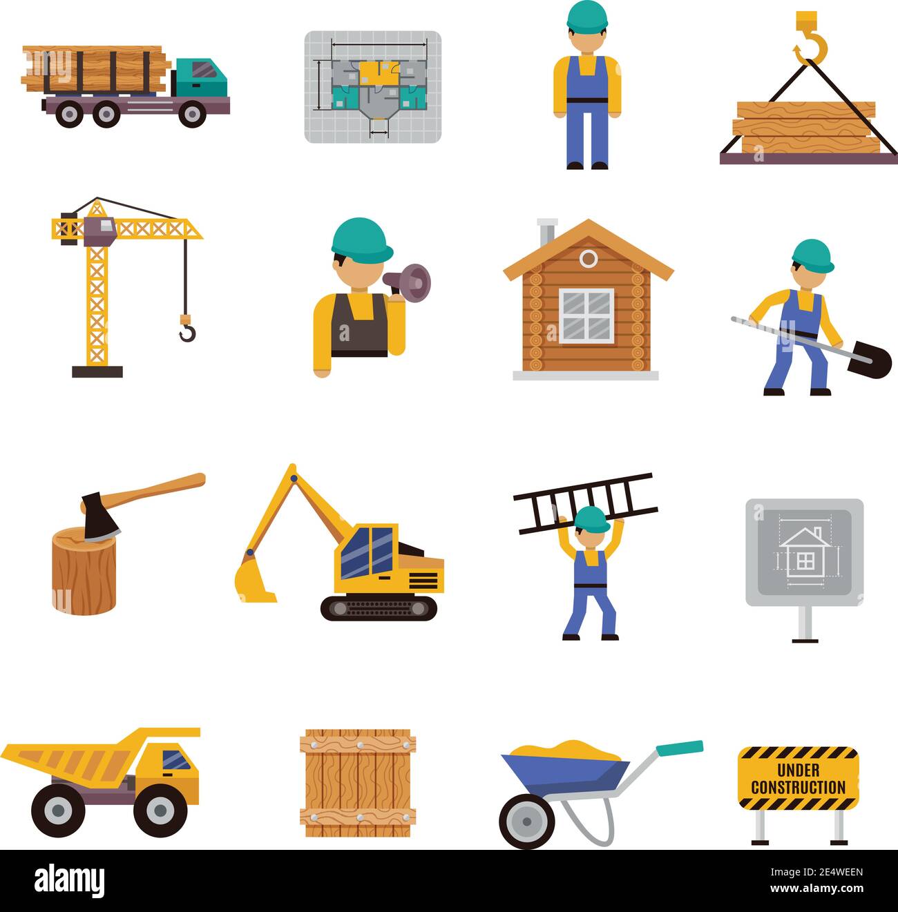 Construction icon flat set with engineer builder crane bulldozer ...