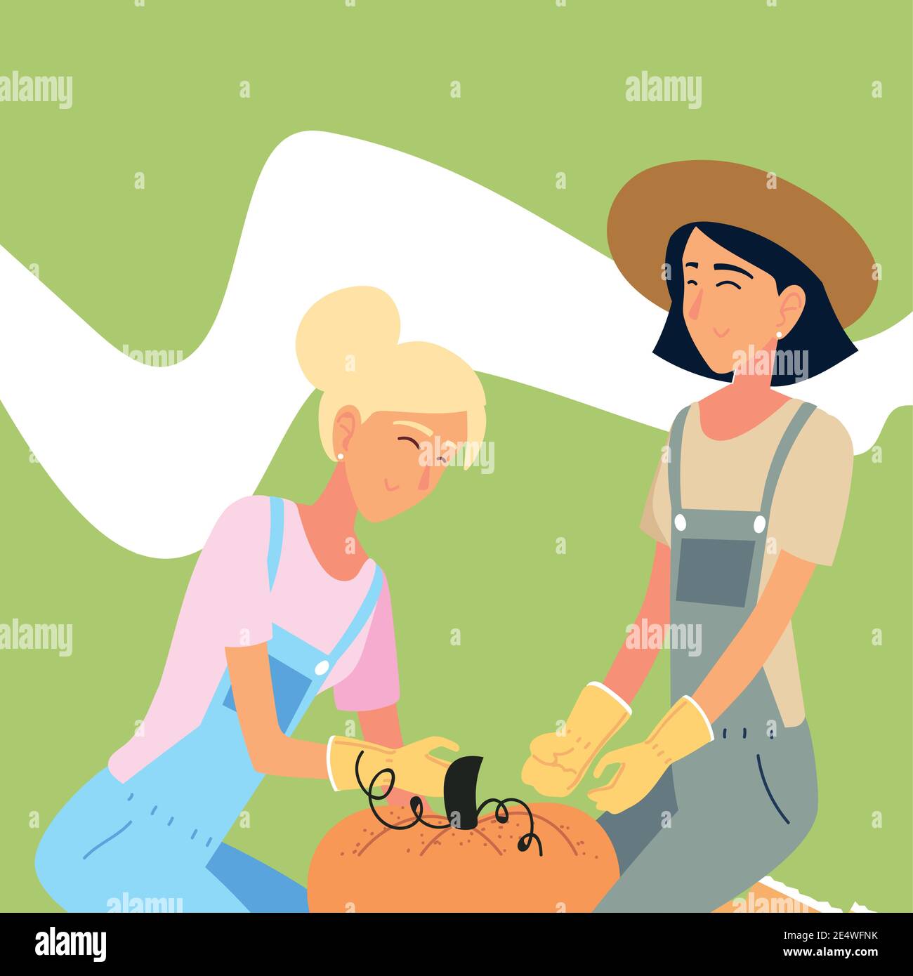 gardening, happy women with huge pumpkin harvest vector illustration Stock Vector