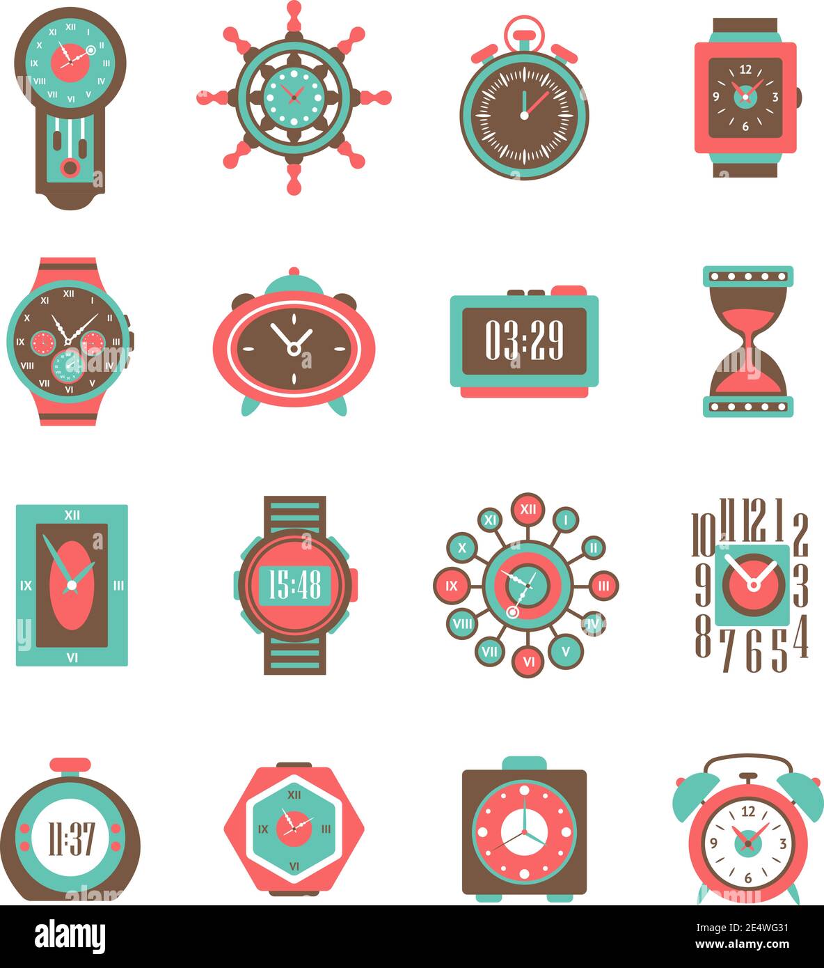 Modern and classic analog clock and watch icon set isolated vector ...