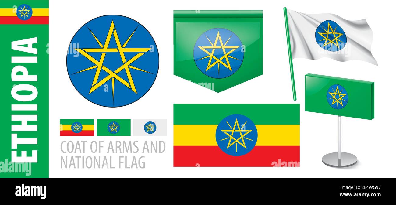 Vector set of the coat of arms and national flag of Ethiopia Stock
