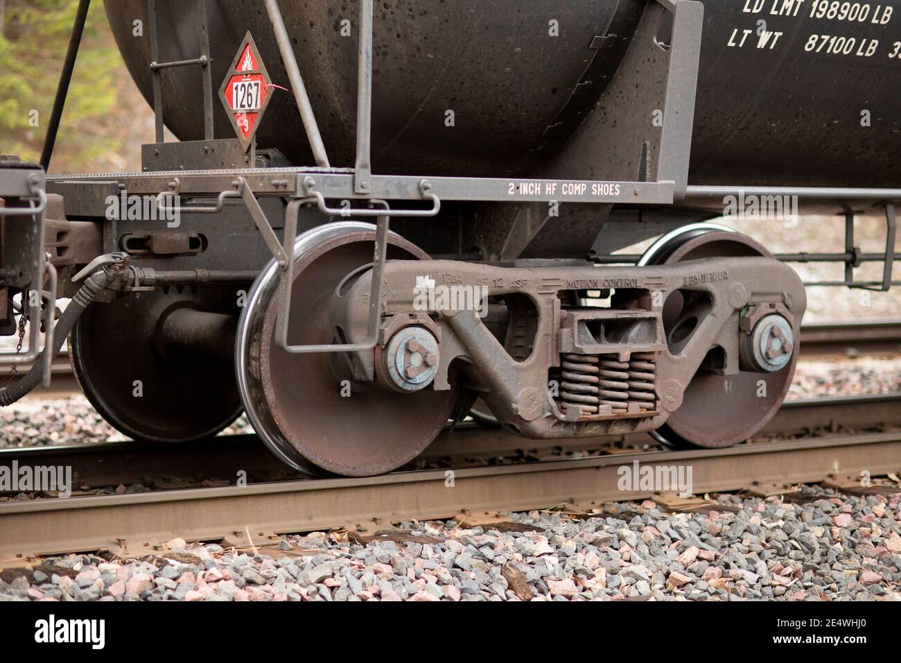 Railroad tank car truck wheel and axle truck on the tracks, at the BNSF railroad yard, Troy