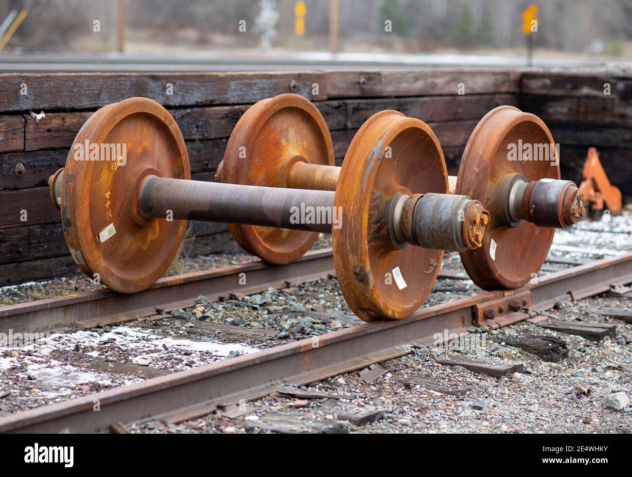 Replacement railroad truck wheels and axle on the tracks, at the BNSF