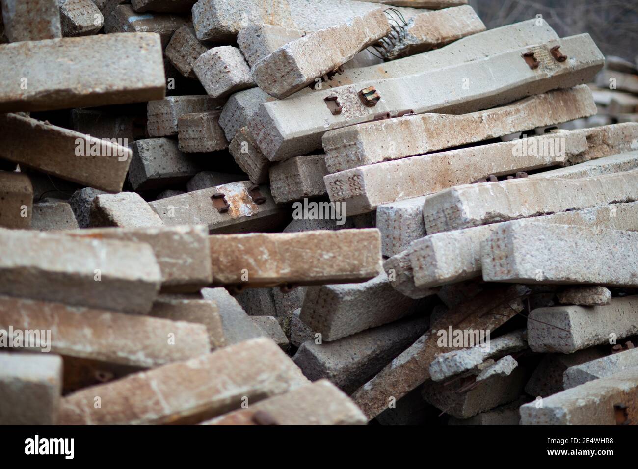A stack of used concrete railroad ties, at the BNSF railroad yard, Troy