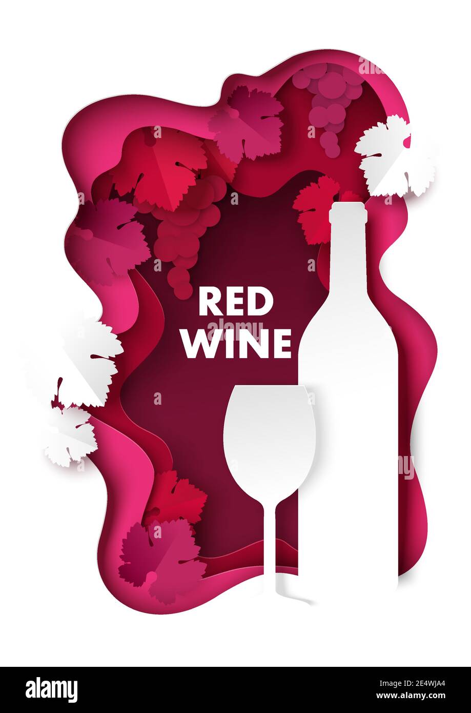 Paper cut red wine splash with grapes, bottle and wine glass