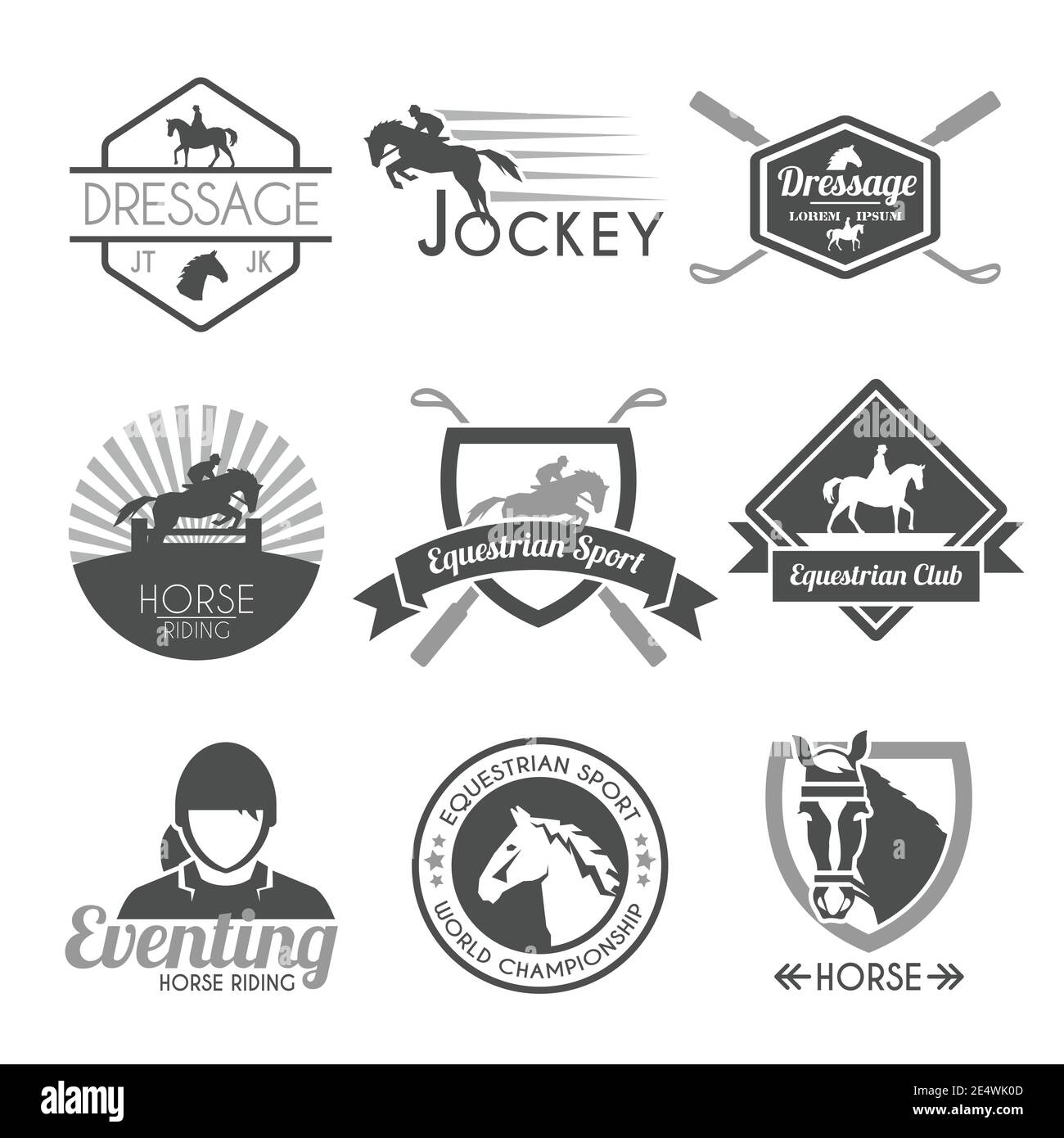 Jockey label dressage sport club emblems black set isolated vector