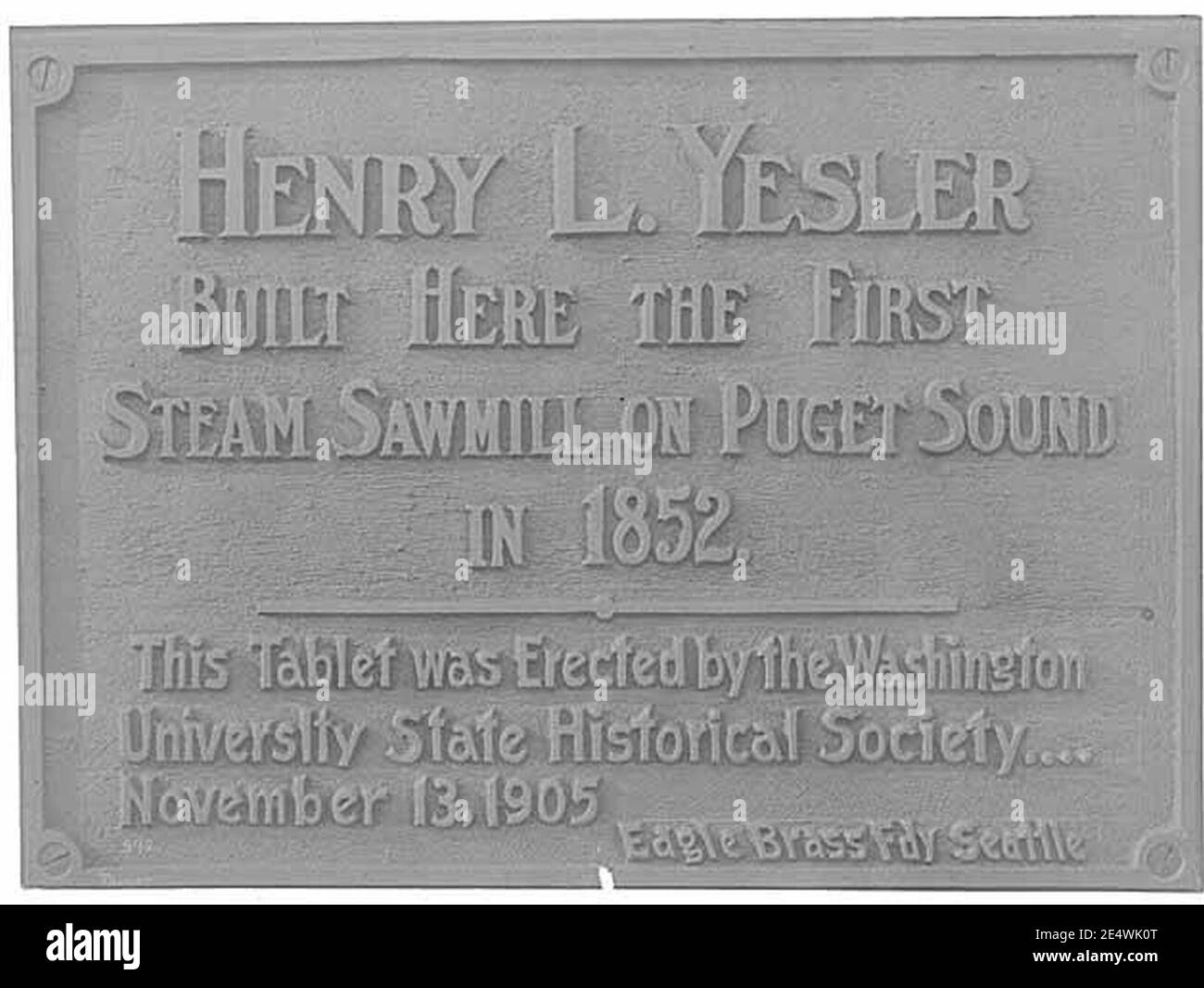 Memorial tablet for the Henry L Yesler sawmill, Seattle, ca 1905 (PEISER 27). Stock Photo