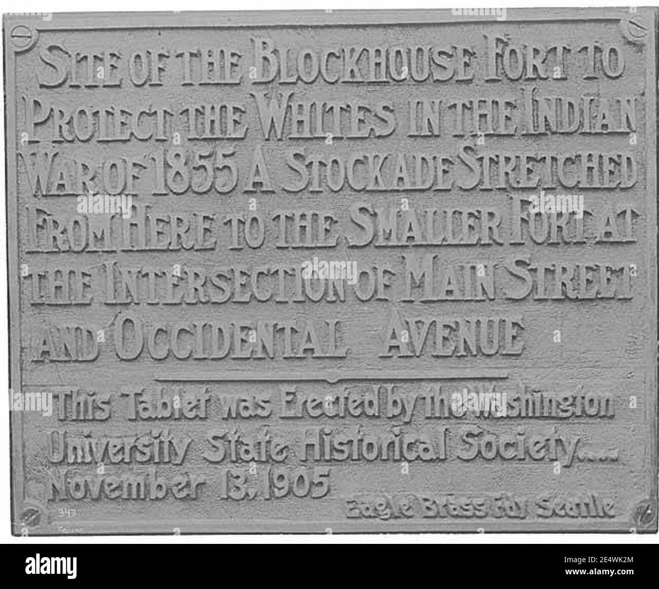 Memorial tablet for the blockhouse fort at Cherry St used during the Indian War of 1855, Seattle, ca 1905 (PEISER 22). Stock Photo