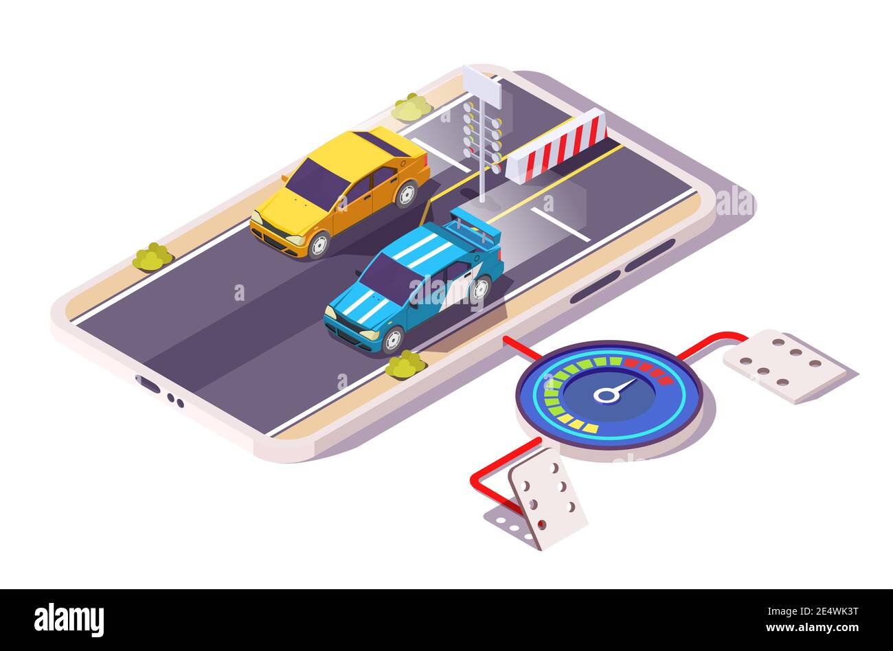 Isometric race cars on smartphone screen, flat vector illustration. Car racing game on mobile phone. Stock Vector