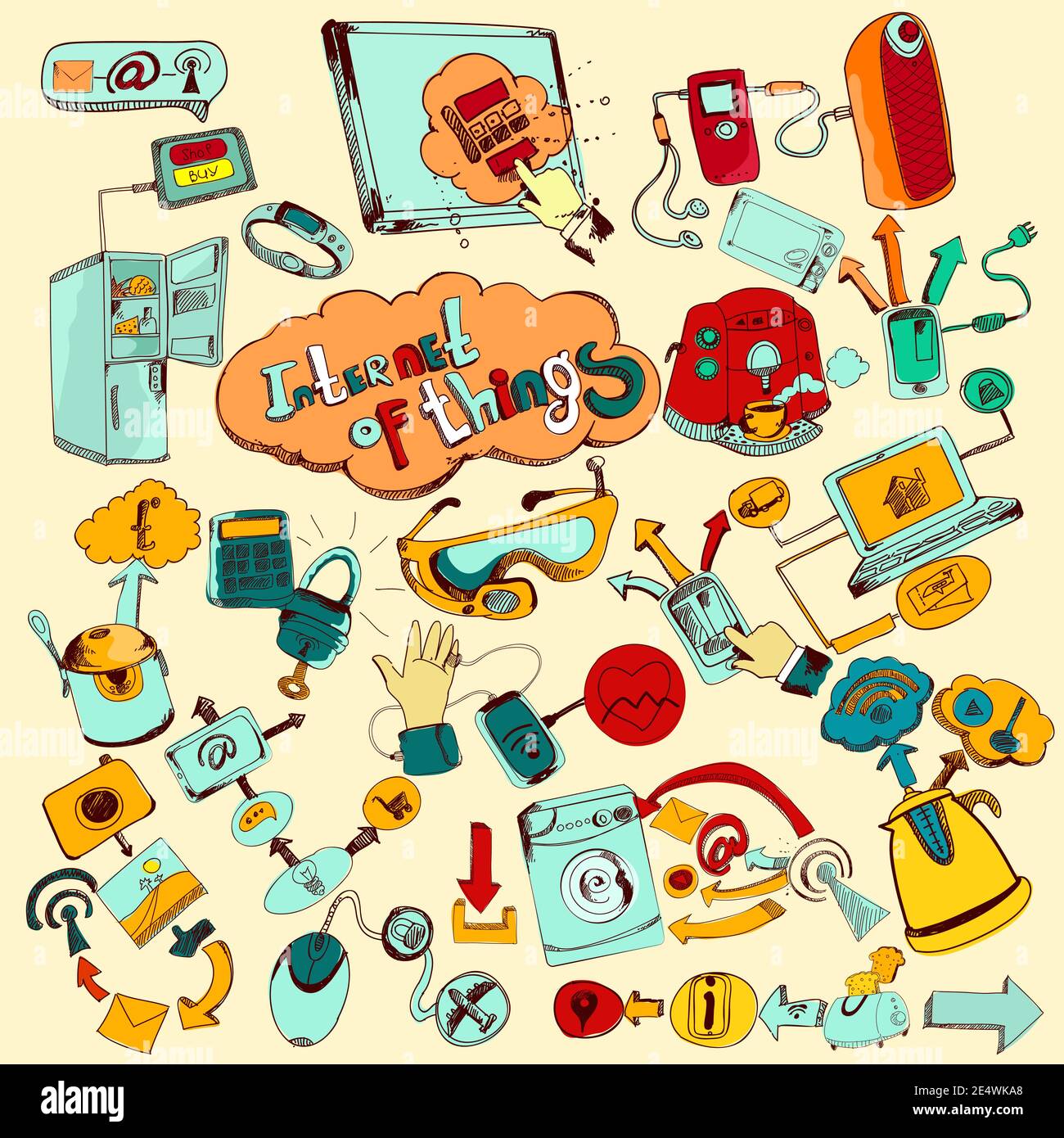 Internet of things doodles colored set with remote control home network elements vector illustration Stock Vector