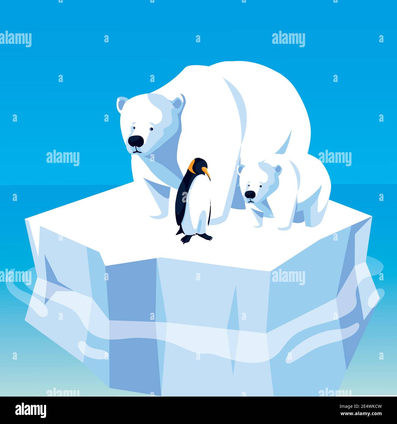polar bears and penguin floating on iceberg north pole vector illustration Stock Vector