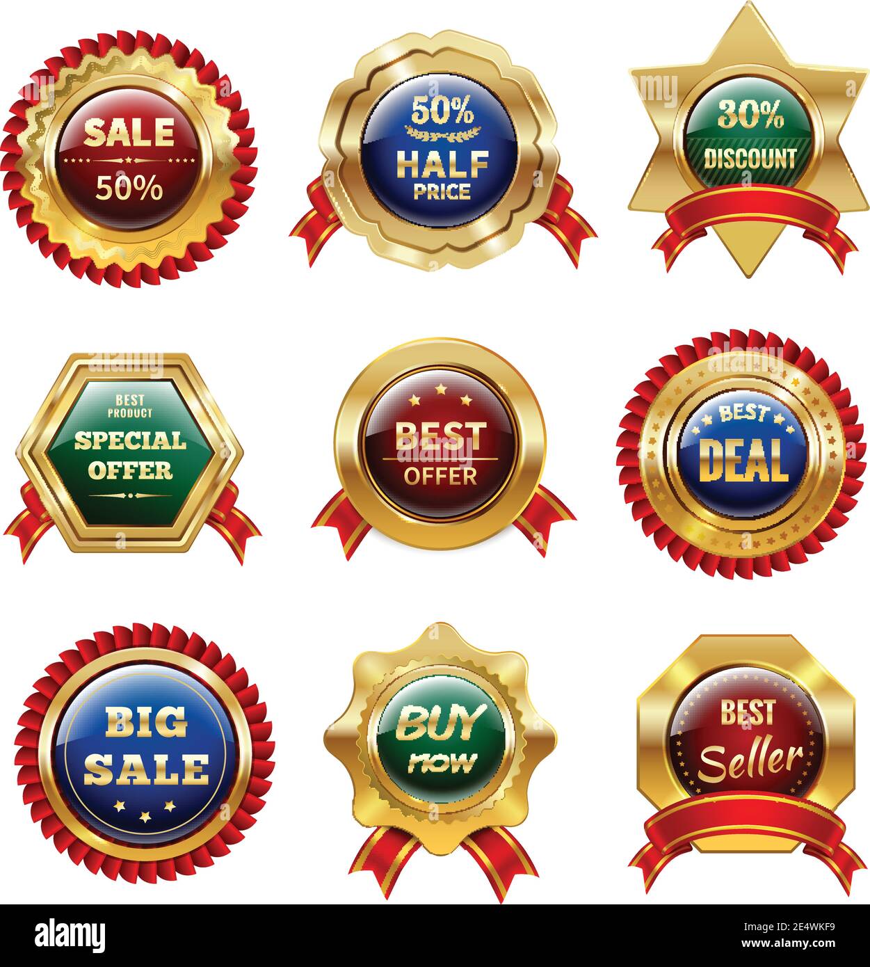 Golden sale and discount labels with ribbon decor isolated vector