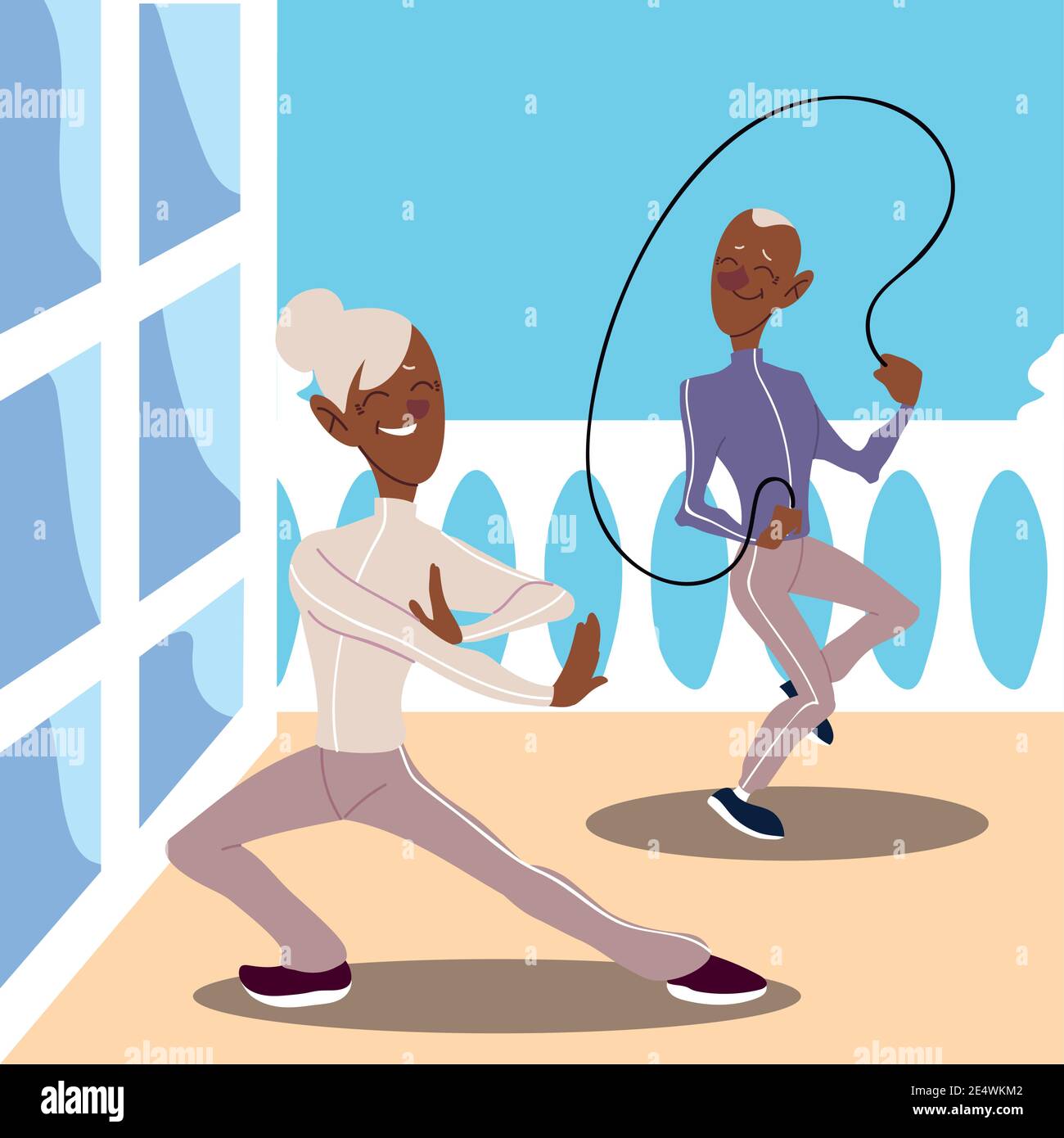 seniors active, old man practicing rope jumping and mature woman ...