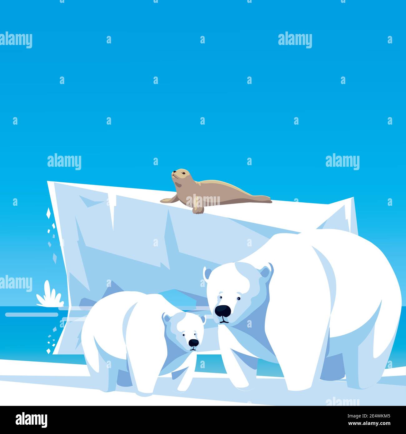 polar bears and seal iceberg north pole landscape vector illustration Stock Vector