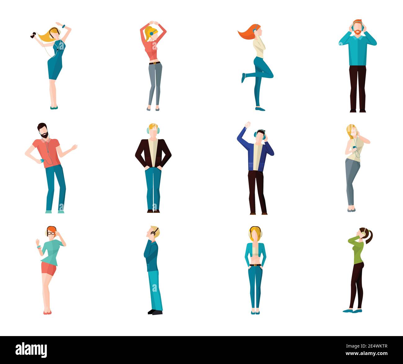 Male and female people listening to the music and dancing avatar icons set isolated vector illustration Stock Vector