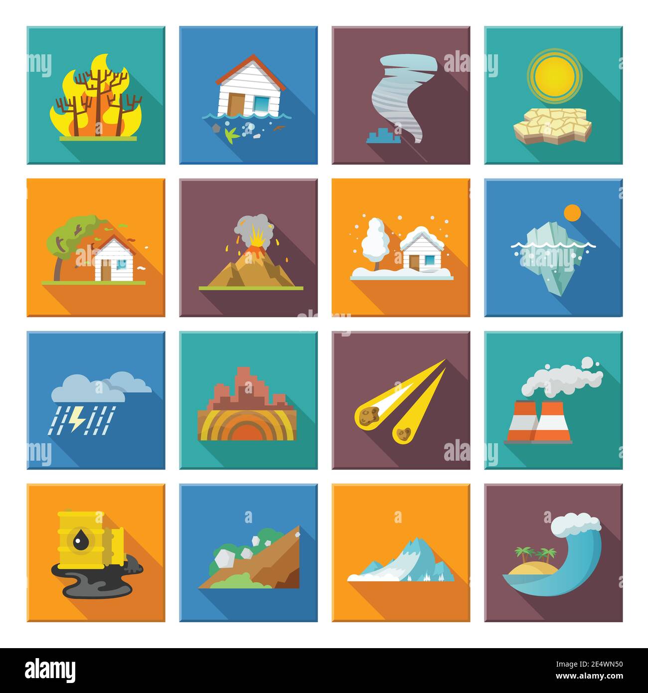 Natural disaster icons set with tide volcano erupting earthquake flood isolated vector illustration Stock Vector