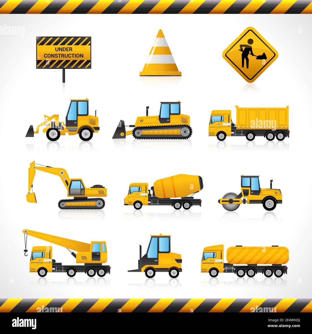 Construction machines decorative icons set with bulldozer excavator loader isolated vector illustration Stock Vector