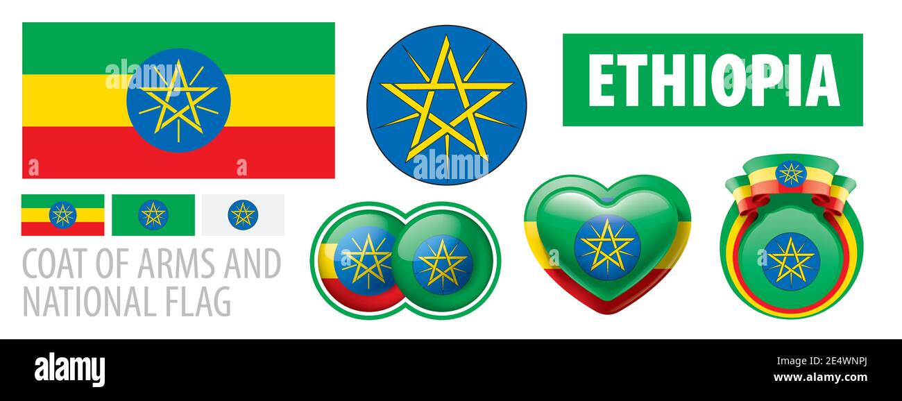 Vector set of the coat of arms and national flag of Ethiopia Stock
