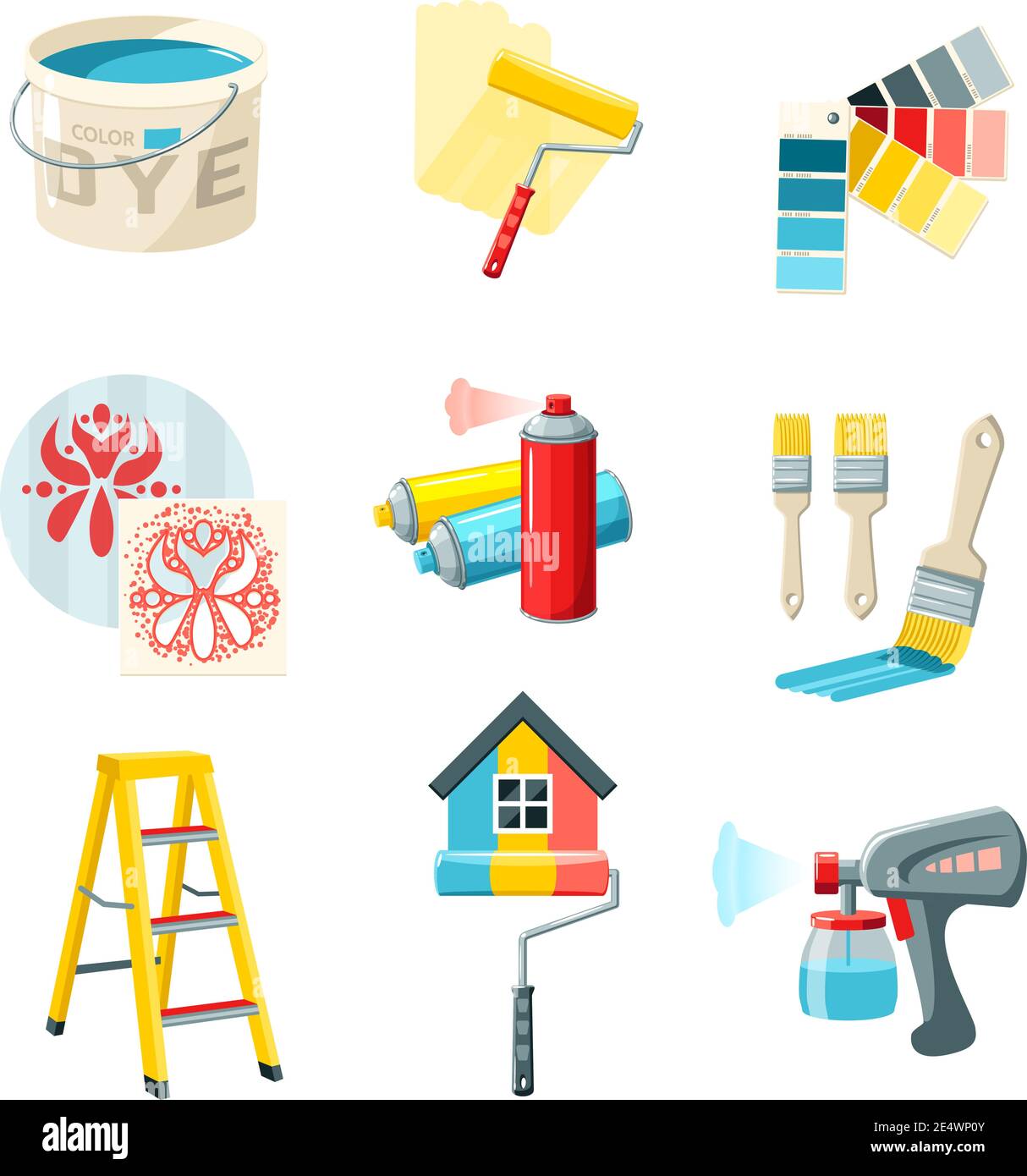 Painting work decorative icons set with bucket roller color palette isolated vector illustration Stock Vector