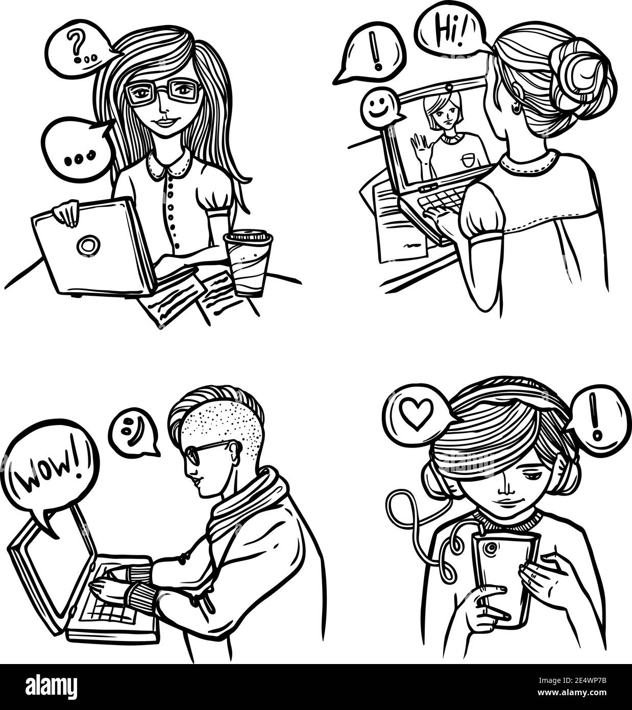People chatting via internet devices sketch decorative icons set ...