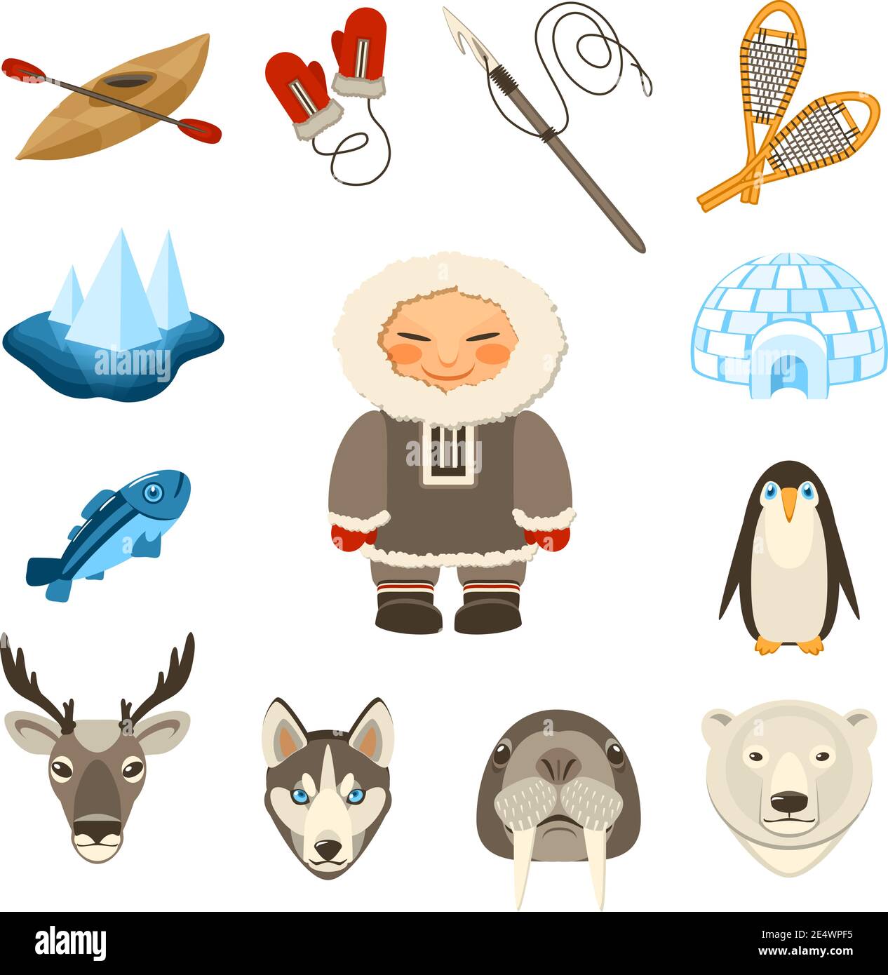 Chukchi and north animals decorative icons set with husky deer bear dog isolated vector illustration Stock Vector