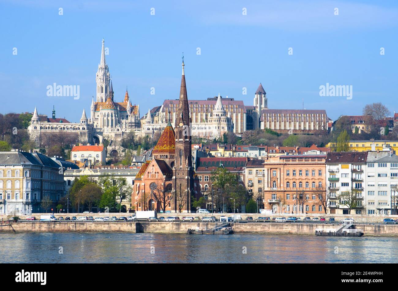view of landmarks on the Castle Hill of Buda from Budapest riverside ...