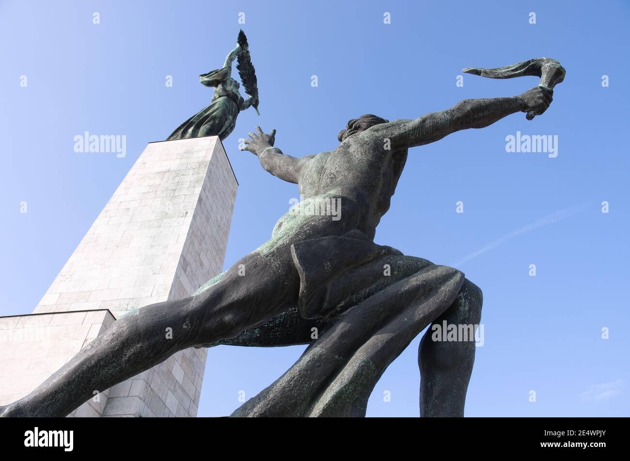 the Liberty Statue or Freedom Statue in Budapest was erected in 1947 in remembrance of the Soviet liberation of Hungary from Nazi forces during World Stock Photo