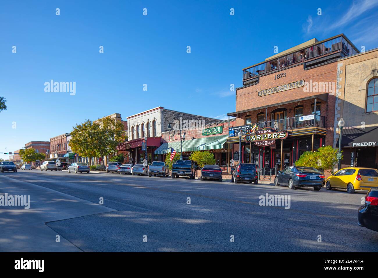 San Marcos, Texas, USA - November 3, 2020: The old shops at San Antonio St Stock Photo