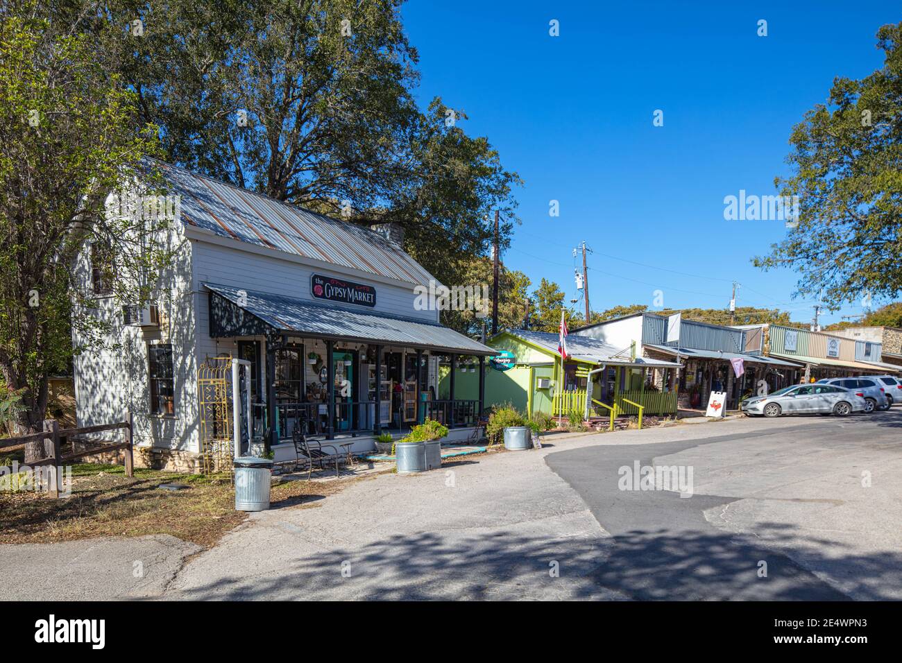 Wimberley, Texas, USA - November 3, 2020: The small shops at Wimberley Square Stock Photo