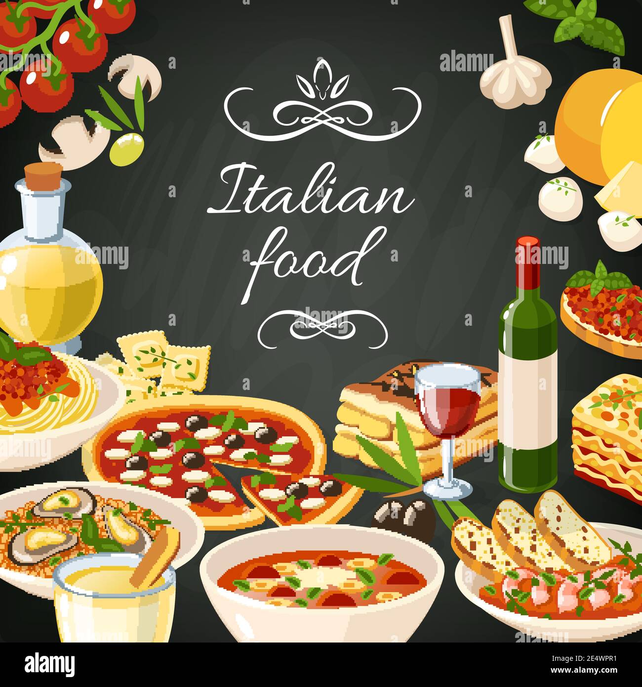 Italian Restaurant Graphics Romatic Italian restaurant food background with olives pasta garlic spaghetti ...