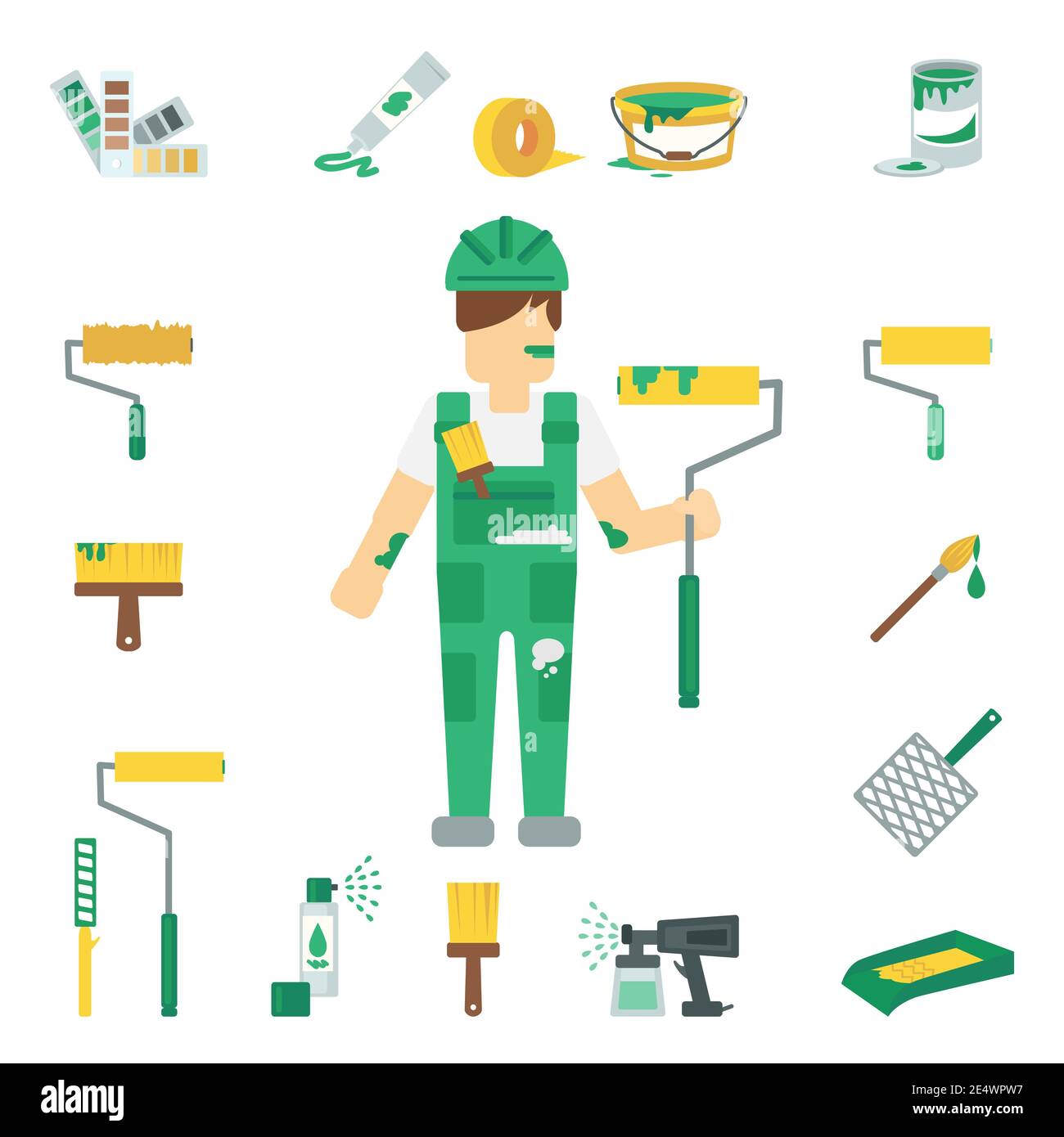 House painter flat decorative icons set with man working and home