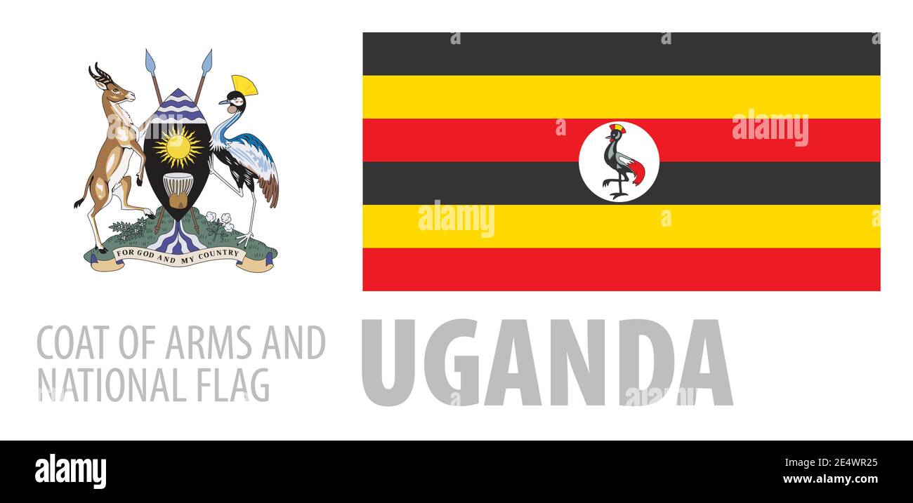 Vector set of the coat of arms and national flag of Uganda Stock Vector