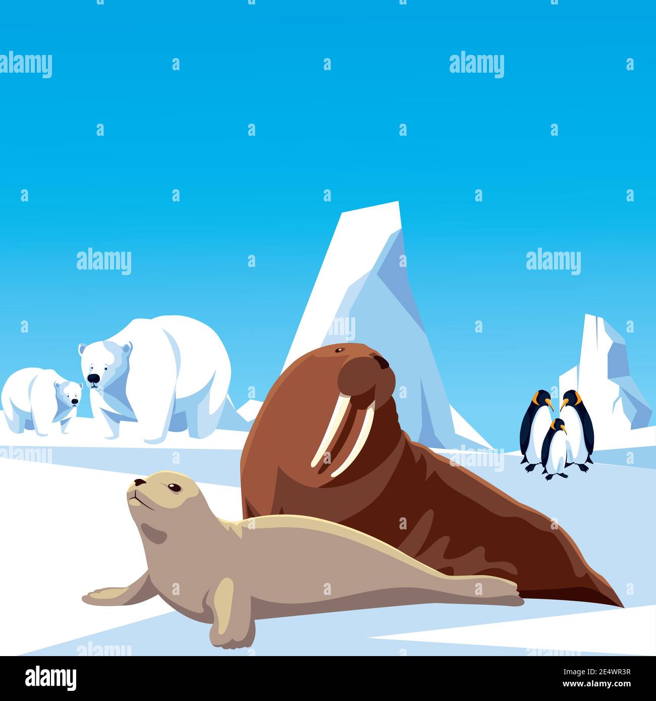 penguins polar bears walrus and seal animals north pole and iceberg landscape vector illustration Stock Vector