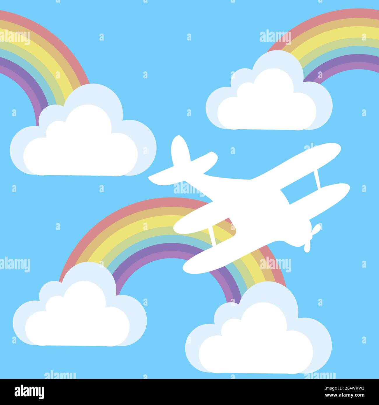 Cartoon background with plane and clouds and rainbow in the sky Stock ...