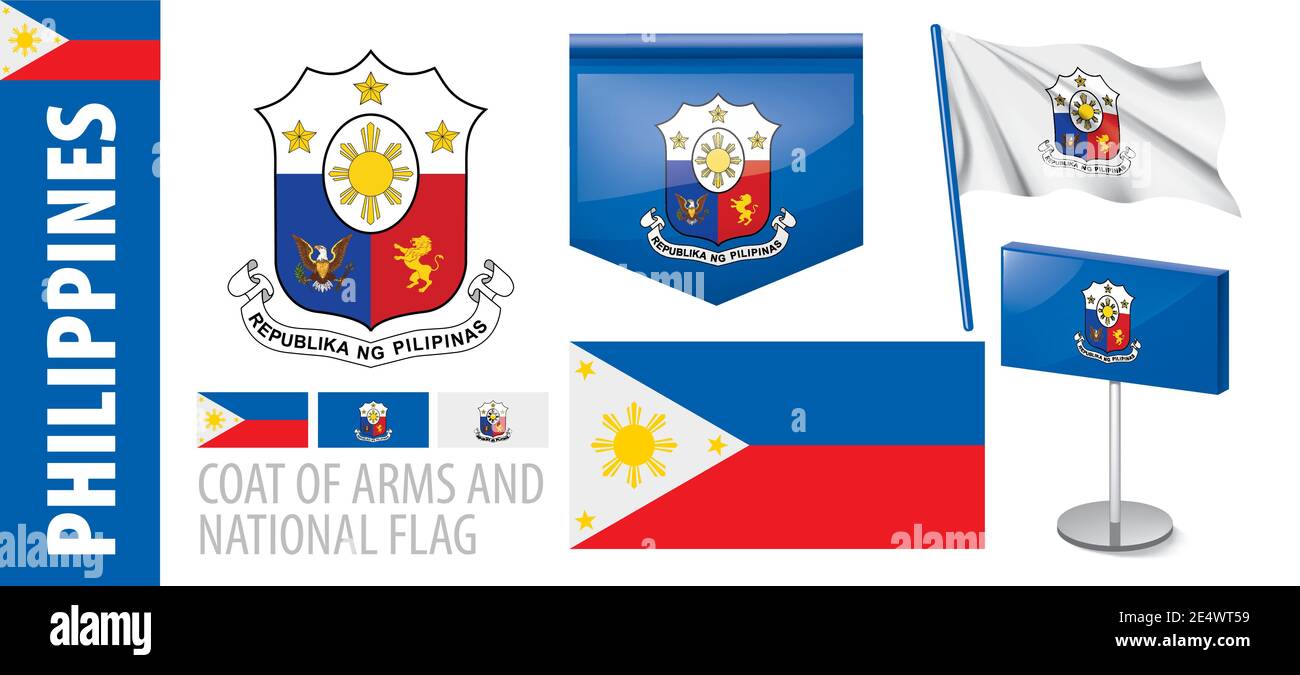 Vector set of the coat of arms and national flag of Philippines Stock