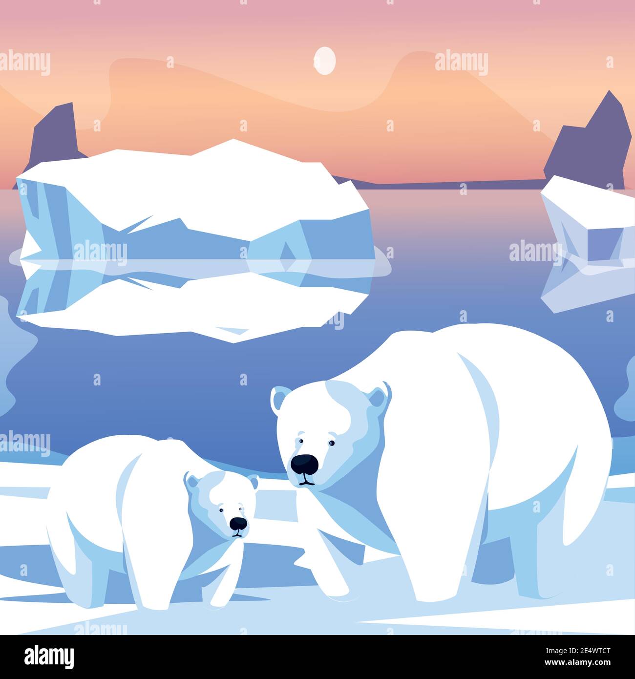 polar bears family in snow iceberg north pole scene vector illustration Stock Vector