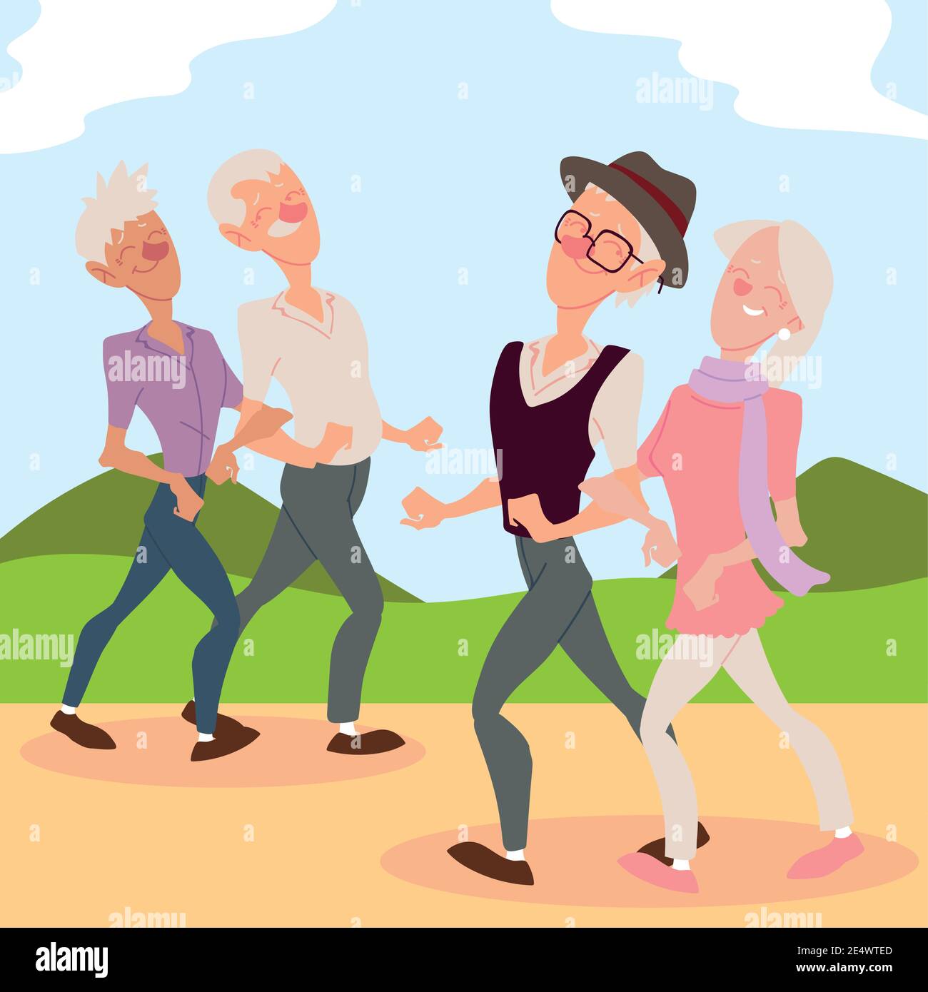 seniors active, old couples walking in the park vector illustration ...