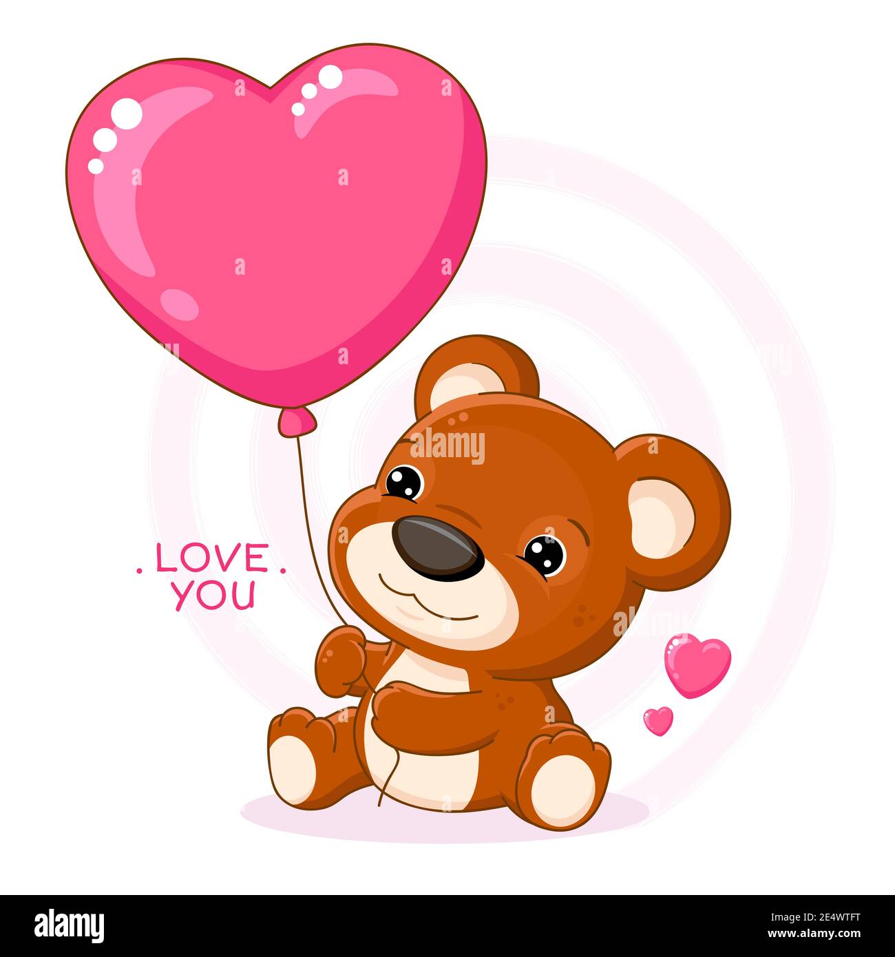 Valentine's day card in kawaii style. Cute little bear with heart shaped balloon, inscription Love you. Vector illustration EPS8 Stock Vector