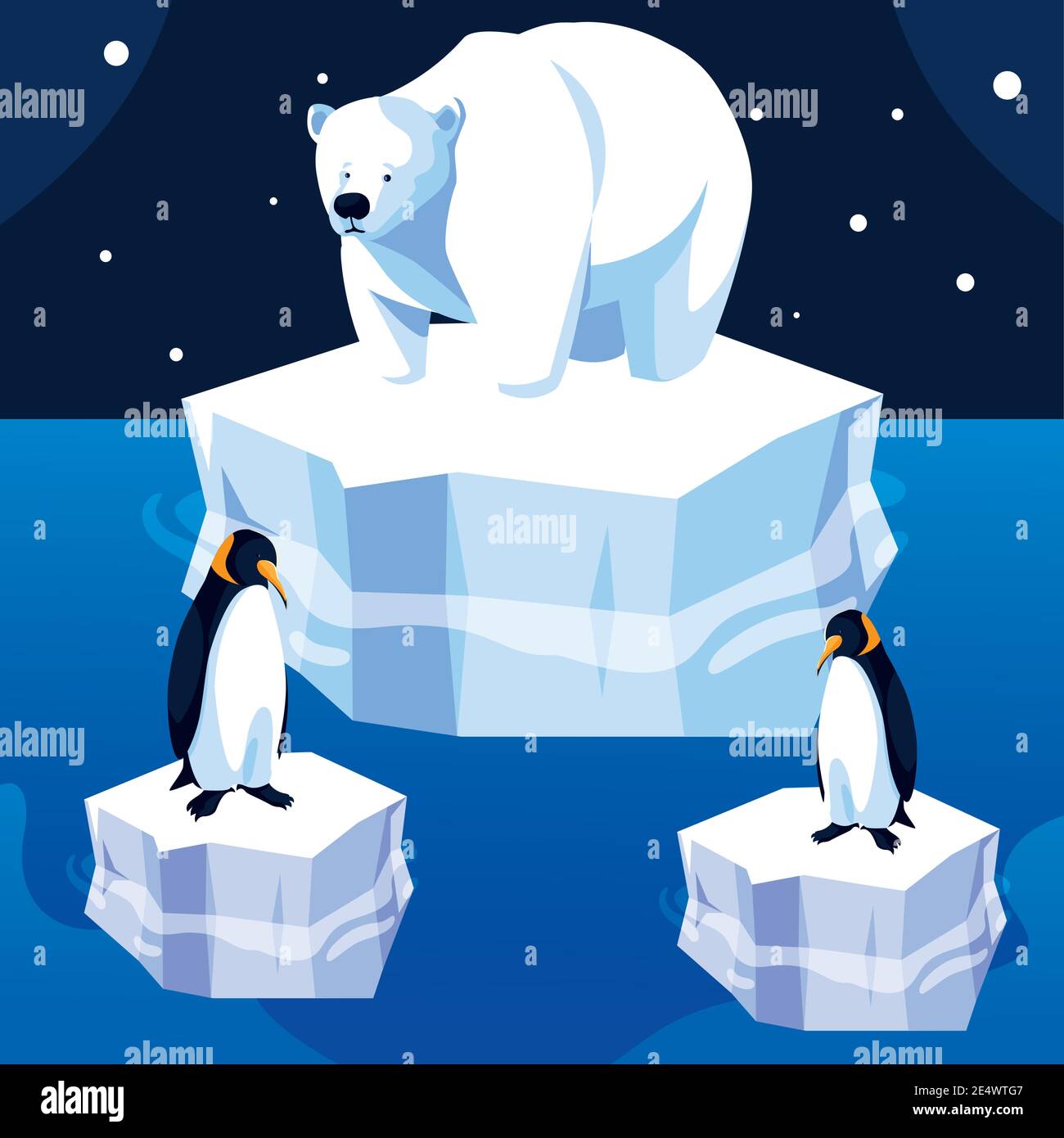 polar bear and penguins iceberg north pole night landscape vector ...
