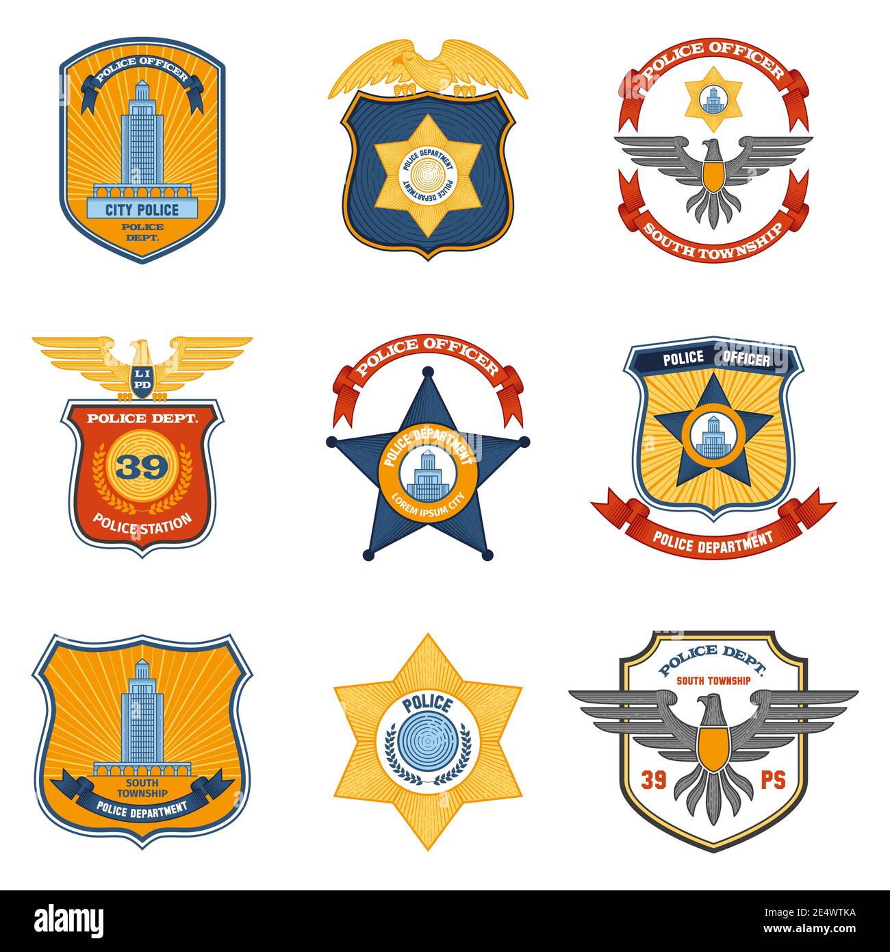 Police badges law enforcement and government colored set isolated vector illustration Stock Vector