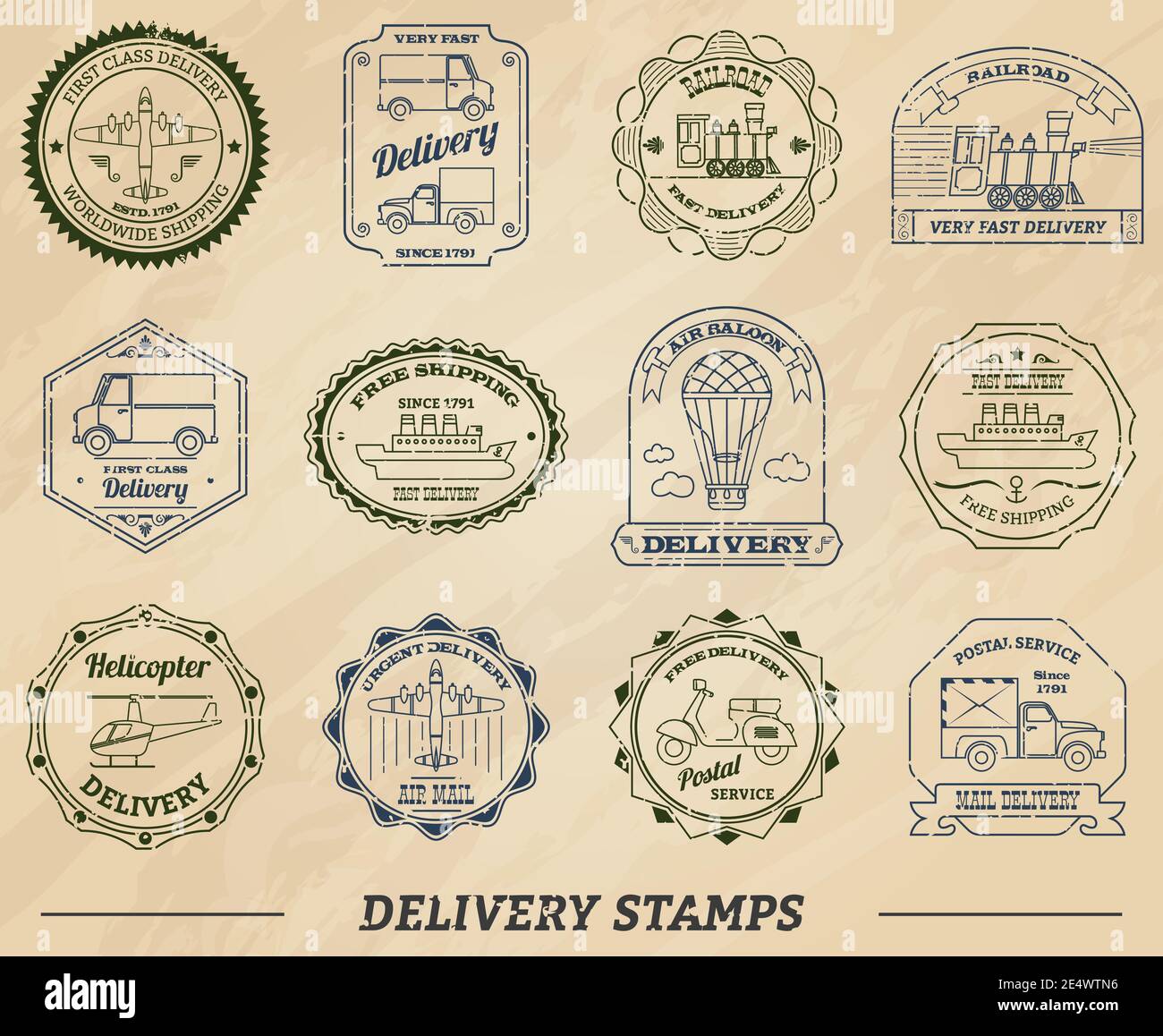 Delivery and shipping stamps set on paper isolated vector illustration